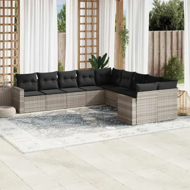 vidaXL 10-delige Loungeset met kussens poly rattan lichtgrijs grijs, foto 2