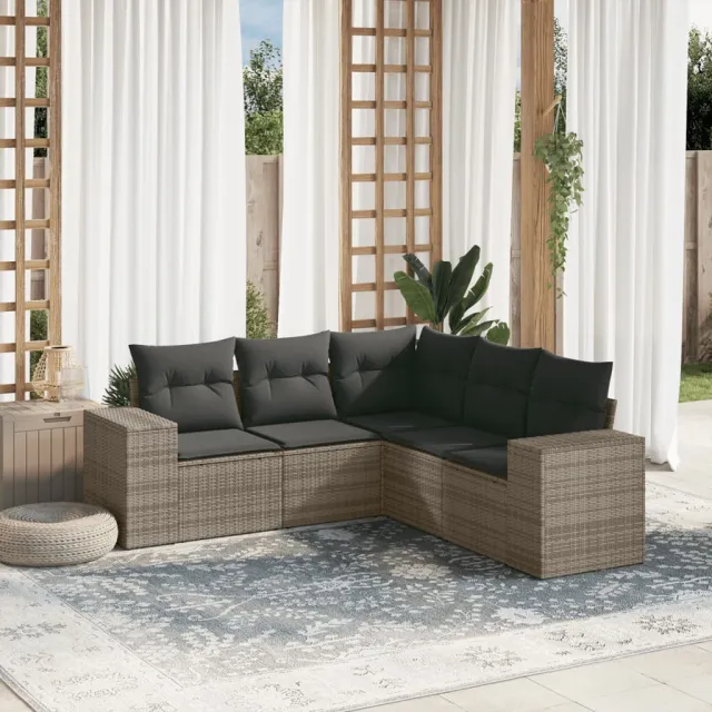 vidaXL 5-delige Loungeset met kussens poly rattan grijs, foto 2