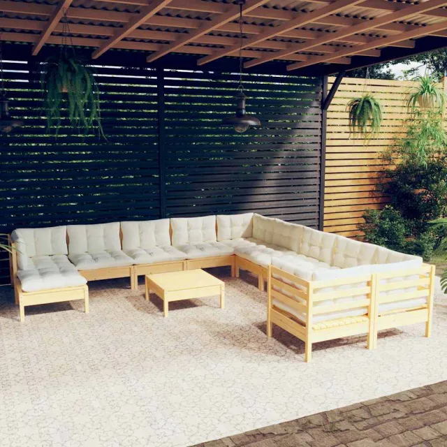 vidaXL 12-delige Loungeset met crèmekleurig kussens grenenhout, foto 2