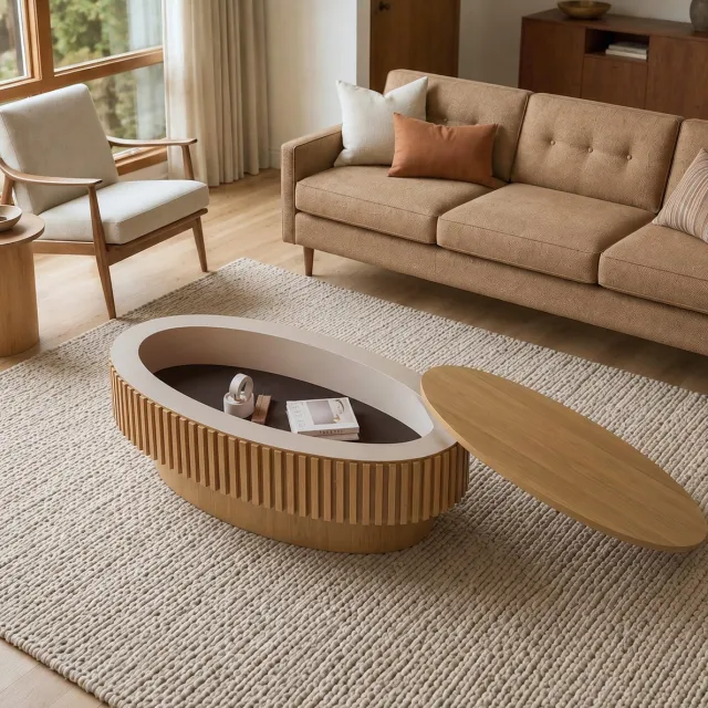 COVREO Salontafel 98 x 60 x 35 cm naturel hout - ovale fluted vorm - verborgen opbergruimte Natural Wood