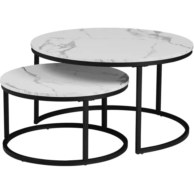 ITRONIQ Salontafel Set Van 2 - Ronde Salontafels - Moderne Bijzettafels - Marmerlook Salontafel - Wit Met Zwarte Metalen Frame