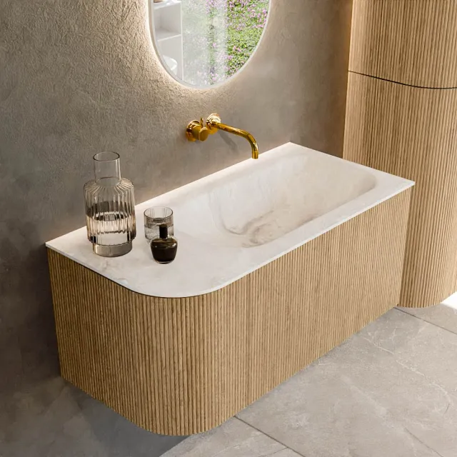 Mondiaz KURVE-DLUX 95 cm Onderkast Greeploos 1 Lade Met Deuren Oak, Wastafel Solid Surface Rechts Frappe 0 Kraangaten Zonder Spiegel (KRVBGS95L1L1D0KR-Oak/Fra)