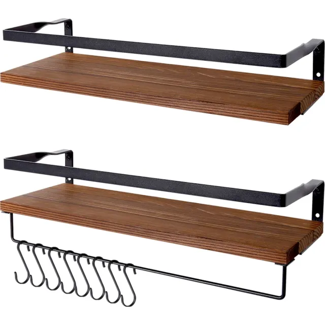 Uten Zwevende Wandplank - 2 Stuks - 42cm - Handdoekhouder en 8 Haakjes - Industrieel - Hout - Bruin/Zwart