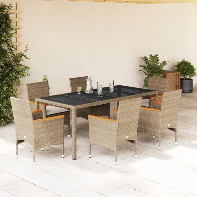 vidaXL 7-delige Tuinset met kussens poly rattan en glas beige, foto 2