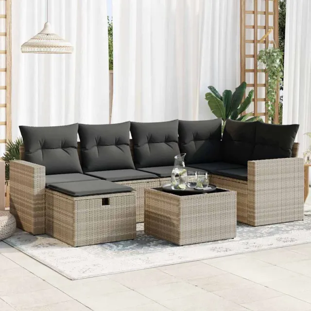vidaXL 7-delige Loungeset met kussens poly rattan lichtgrijs grijs, foto 2