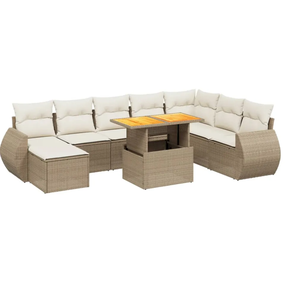 vidaXL 9-delige Loungeset met kussens poly rattan beige