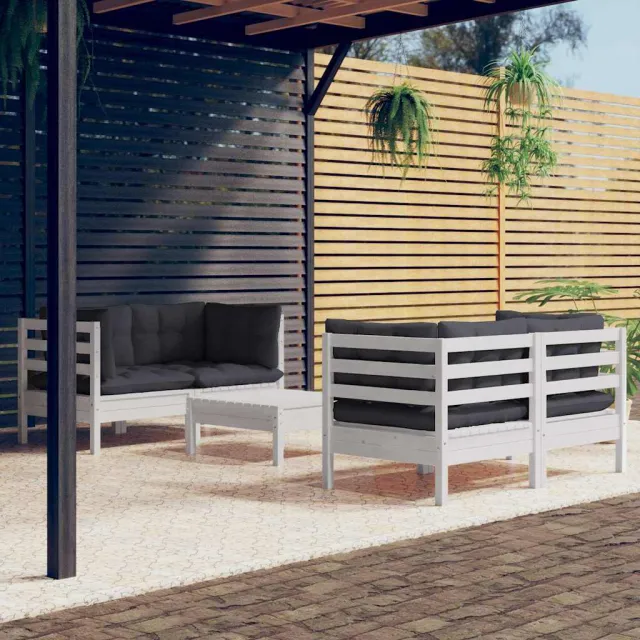 vidaXL 5-delige Loungeset met antracietkleurige kussens grenenhout Wit