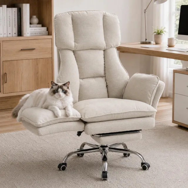 Famanu Ergonomische Bureaustoel met Voetsteun, 135° Verstelbaar, Beige