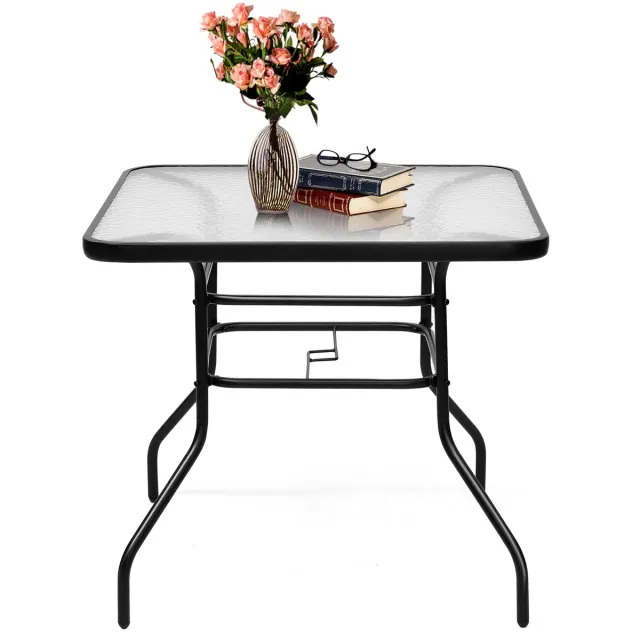 Costway 80 cm Tuintafel, Rechthoekige metalen koffie/theetafel met gehard glazen blad en paraplugat, moderne klassieke stijl past bij elk decor, Buiten eettafel voor Patio, Tuin, Balkon, Achtertuin Zwart
