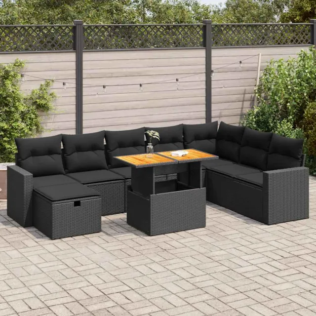 vidaXL 9-delige Loungeset met kussens poly rattan acacia zwart, foto 2