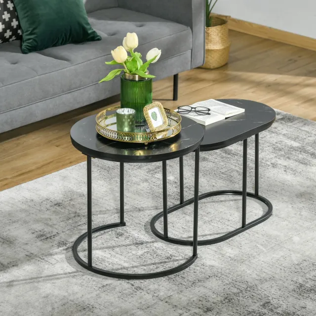 Wishdor Set Van 2 Salontafels - Stapelbaar Met Extra Oppervlak En Verstelbare Voeten - Marmerlook - Voor De Woonkamer - MDF En Staal - Zwart - Rond Ø50 X 50,5 Cm En Ovaal 60 X 36 X 43,5 Cm