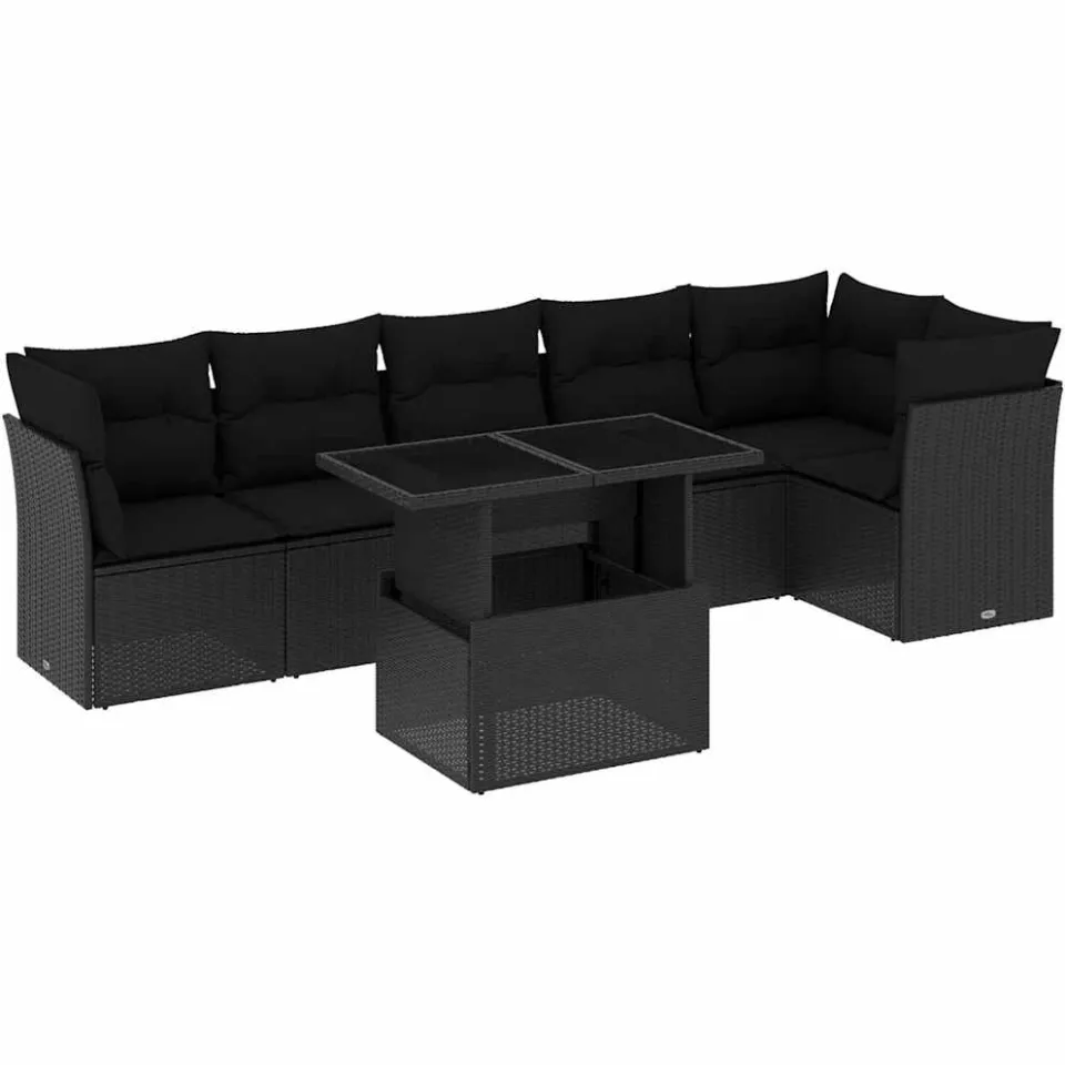 vidaXL 7-delige Loungeset met kussens poly rattan zwart, foto 3