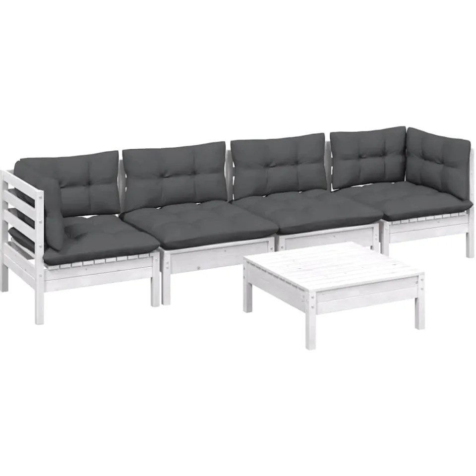 vidaXL 5-delige Loungeset met kussens massief grenenhout Wit