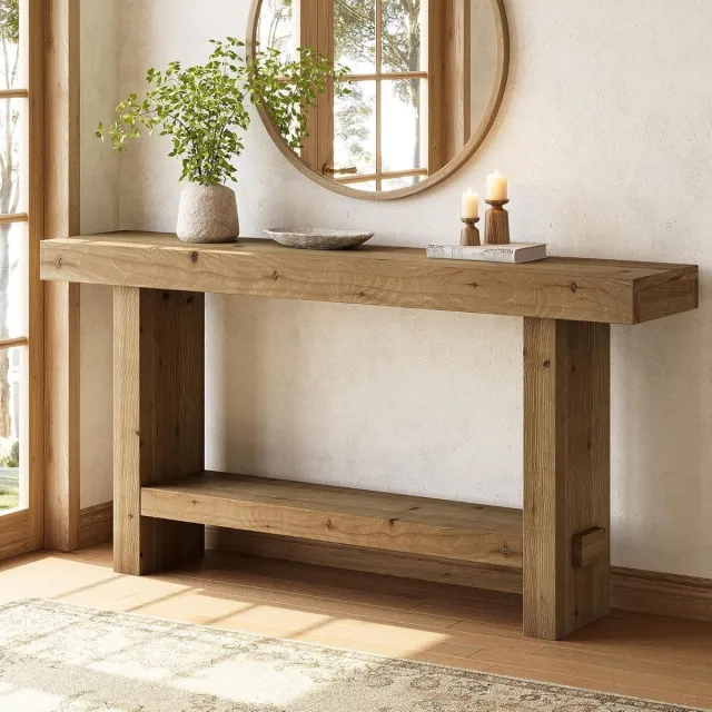 Tribesigns Consoletafel van Massief Hout - Sidetable - Hout - Bruin - Industrieel - 160 x 30 x 80 cm - 2 Laags Smalle Landelijke Woonkamertafel voor Entree, Hal, Woonkamer