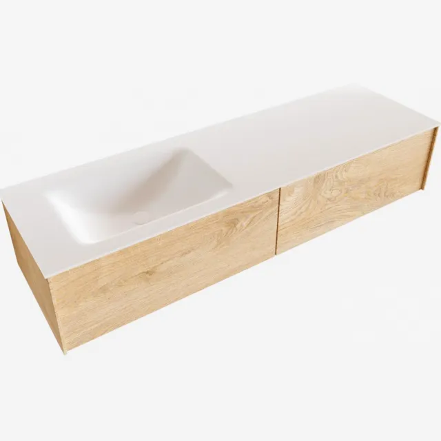 Boss & Wessing Badkamermeubel BWS Madrid Washed Oak 150x45x30 cm Mat Witte Solid Surface Wastafel Links (2 lades, 0 kraangaten)