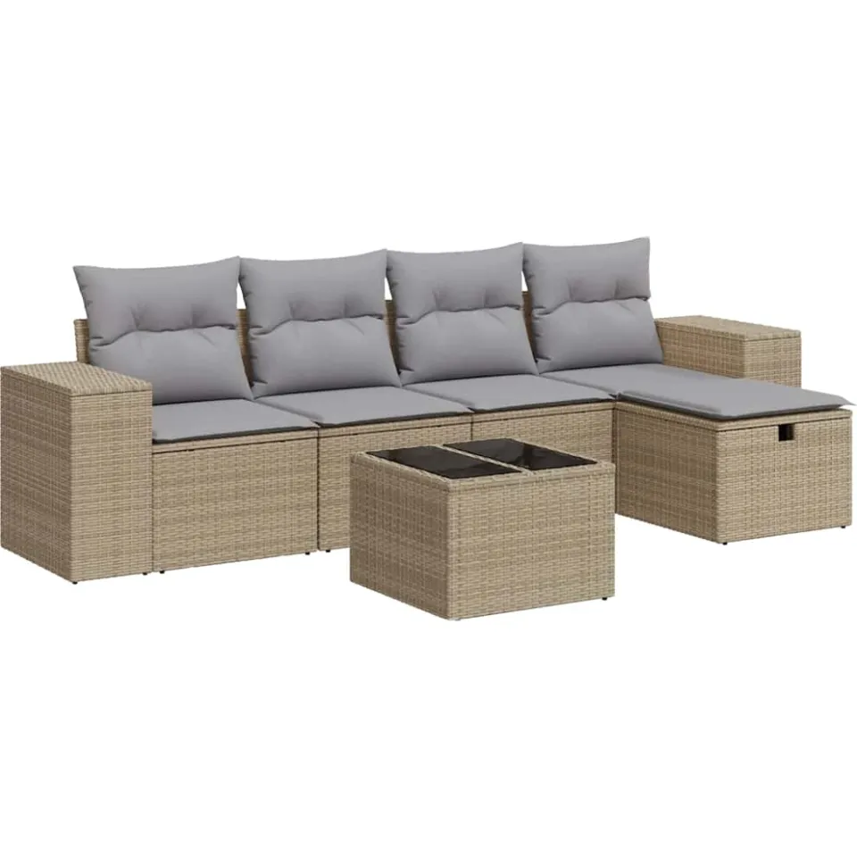 vidaXL 6-delige Loungeset met kussens poly rattan beige, foto 3