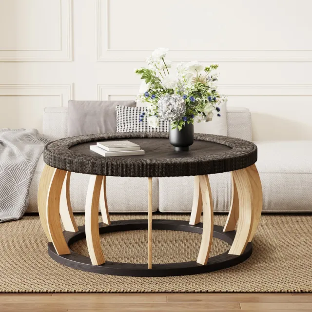 MODENUIT Salontafel - Rond Met Geweven Rand - Voor Woonkamer En Eethoek - Hout En MDF - Zwartbruin Zwart/bruin