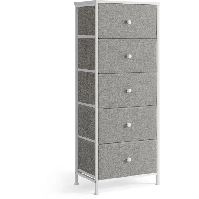 Klarven Ladekast Metaal Grijs-crème - Ladekasten Slaapkamer - Chest Of Drawers - Stoffen Lades - Gesloten Kast - Kantelbeveiliging - 45,1x30,1x112,8 cm
