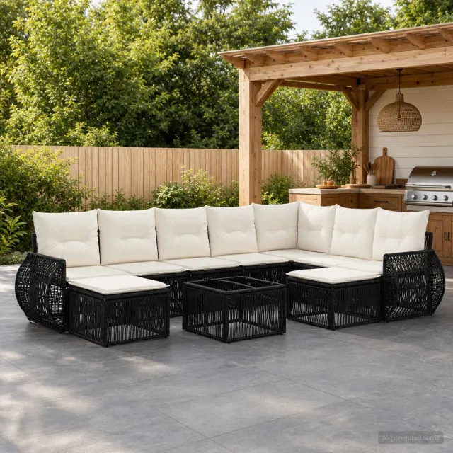 vidaXL Tuinbankenset 10 st Zwart poly rattan, foto 2