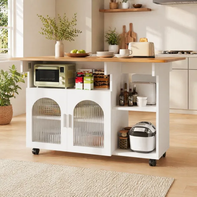 Maisentiel Keukeneiland op wielen met opklapbaar blad en opbergruimte - wit - 120 cm