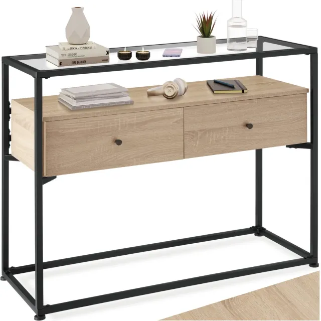 Tectake Consoletafel met 2 lades en glazen blad - Sidetable met 2 niveaus - Houten dressoir met glazen blad - Industrieel design - Zwart metalen frame - Afmeting (LxBxH) 101,5 x 41,5 x 80,5 cm - Lichtbruin