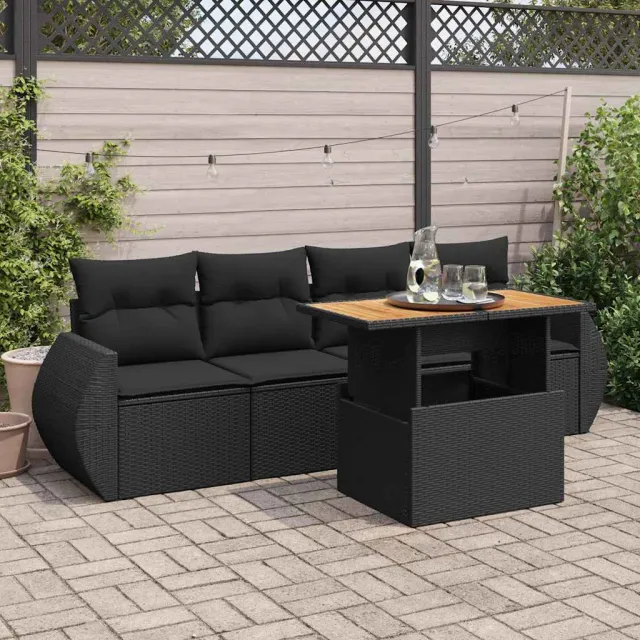 vidaXL 5-delige Loungeset met kussens poly rattan zwart, foto 2