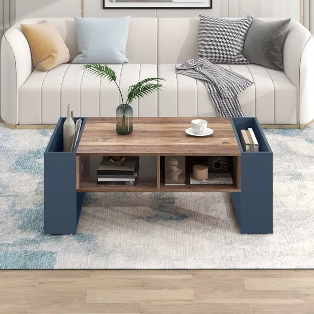MEUNIQ Salontafel 111 x 60 x 40 cm met greeploze lade, open opbergruimtes aan voor, achter- en zijkanten, houtnerf, zwart en grijs Houtkleur en grijszwart