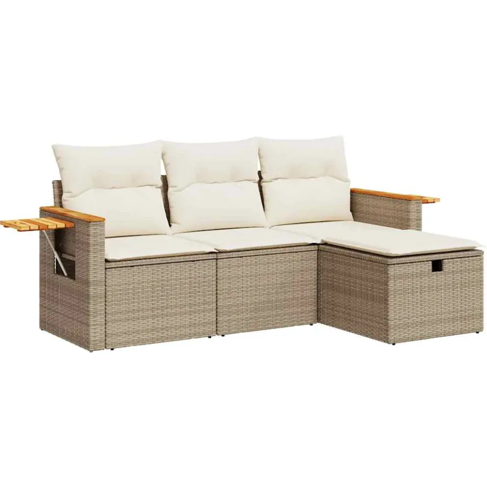 vidaXL 4-delige Loungeset met kussens poly rattan beige