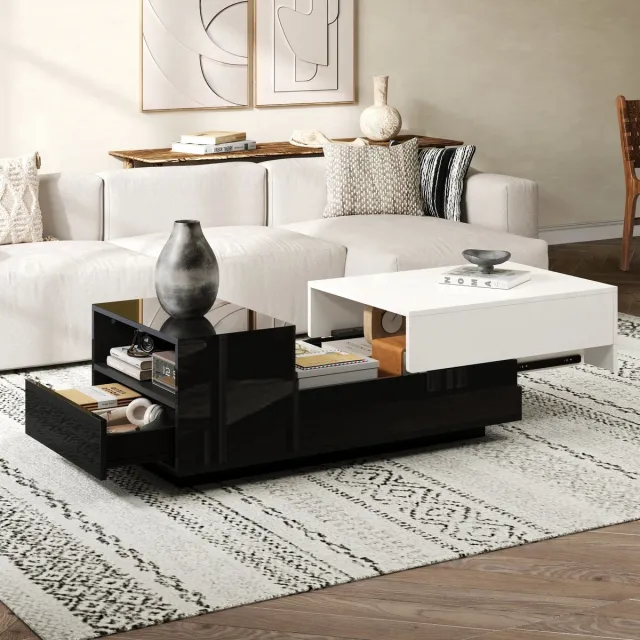 DESMIU Salontafel - Hoogglans Met Lade En Uitschuifbaar Werkblad - Voor Woonkamer En Kleine Ruimtes - Spaanplaat - 100x50x38 Cm - Wit Zwart
