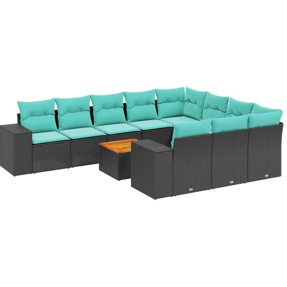 vidaXL 11-delige tuinbankset met kussens, zwart polyrotan