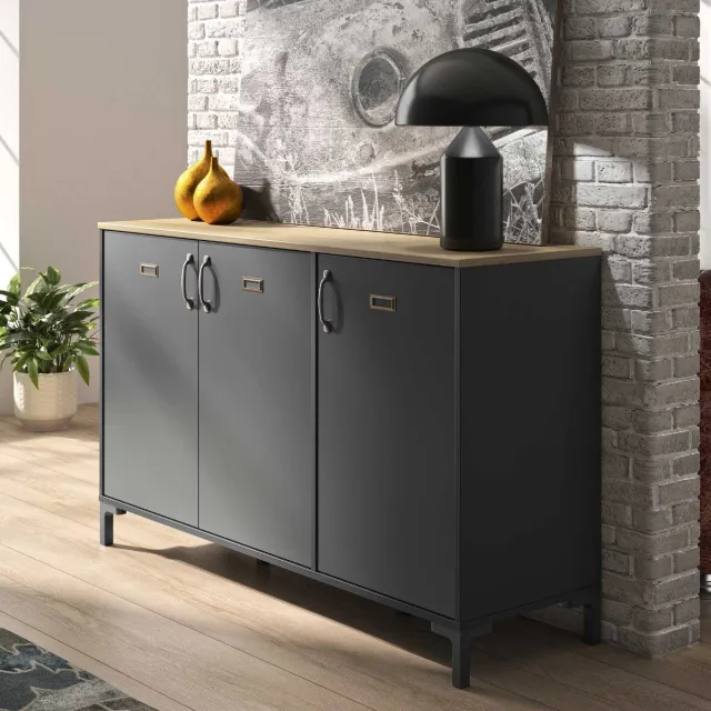 Diagone Industrieel Dressoir Manno 136cm 3 Deuren - Zwart - Gautier - Diagone - Dressoir - Zwart - Spaanplaat