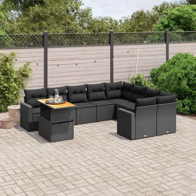 vidaXL 10-delige Loungeset met kussens poly rattan zwart, foto 2