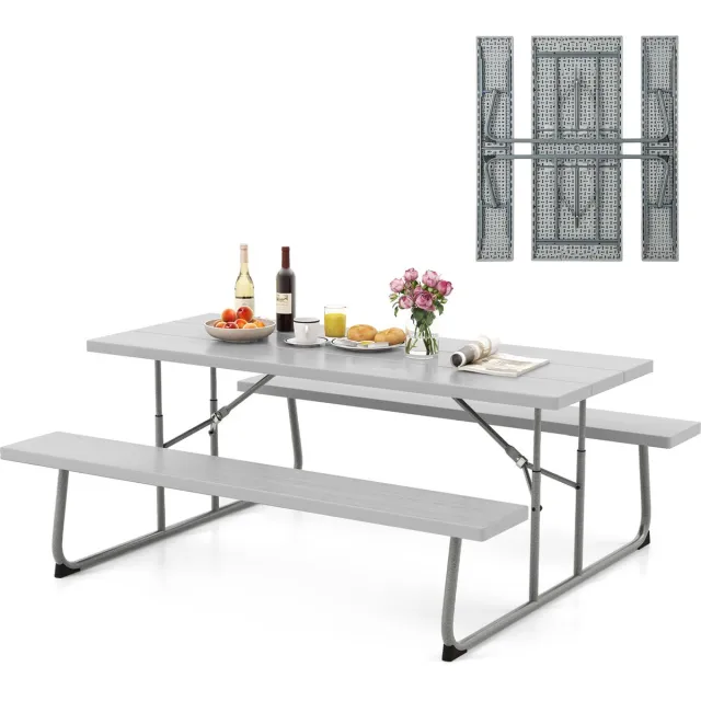 Costway Biertentgarnituur, inklapbaar, 183 cm biertafelgarnituur in houtlook, biertafel met HDPE-tafelblad, parasolgat en metalen frame, feesttentgarnituur, zitgarnituur voor tuin, terras, erf grijs