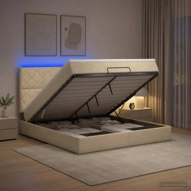 vidaXL Ottoman Bed met Matrassen en LED Crèmekleurig 140 x 190 cm Stof