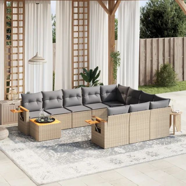 vidaXL 11-delige Tuinset met kussens poly rattan beige, foto 2