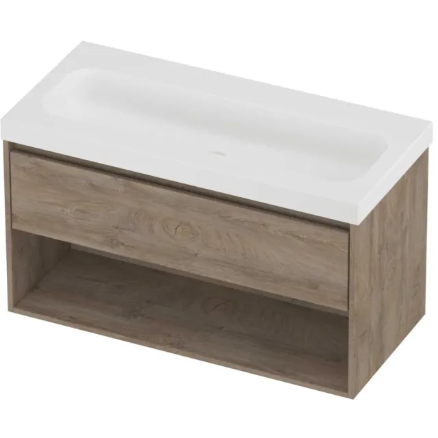 Proline Haga Badmeubelset Polystone Mezza Zonder Kraangat Met Schap 100x46x58 cm Mat White Raw Oak Eiken
