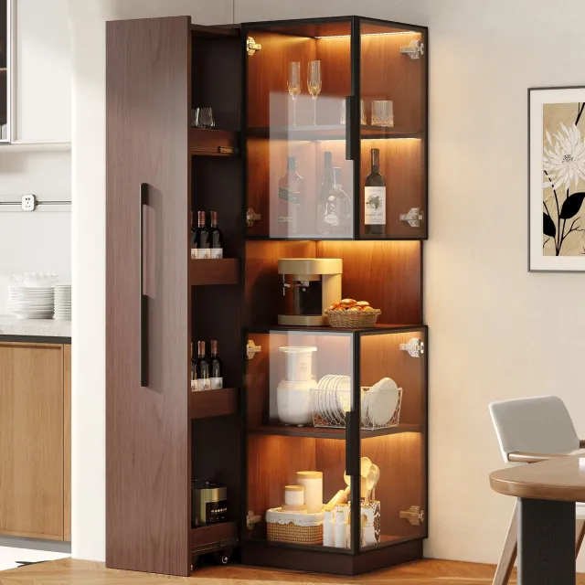COVREO Vitrinekast met LED – Hoge kast met uittrekbare zijplanken – Buffetkast voor woon- en eetkamer – 70x38x160 cm – Walnootbruin