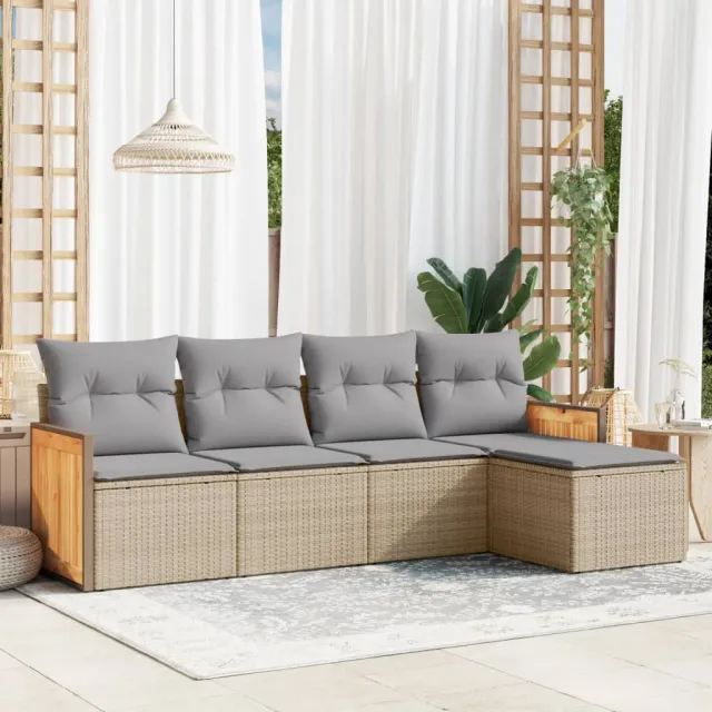 vidaXL 5-delige Loungeset met kussens poly rattan beige, foto 2