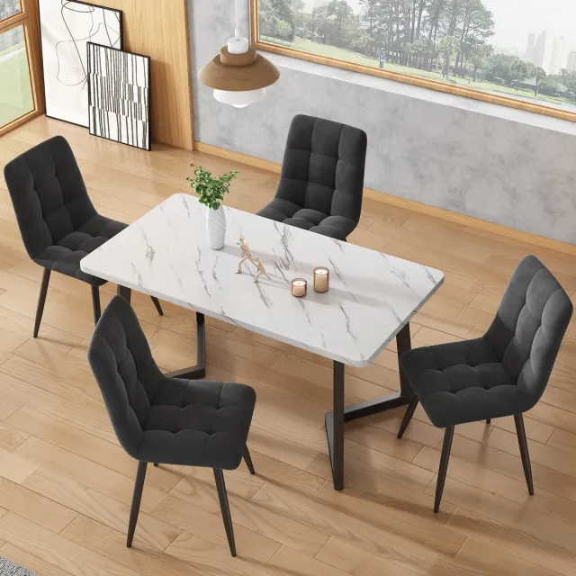 COVREO Eettafel 117x68x75 cm - MDF met marmerlook fineer, zwart wit, metalen poten