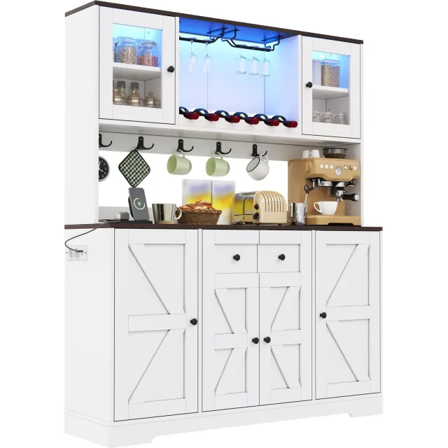 OKWISH Hoge Keukenkast - Met Ledverlichting, Stopcontacten en Wijnrek - Voor Keuken en Eetkamer - Wit MDF - 140 x 40 x 173 cm