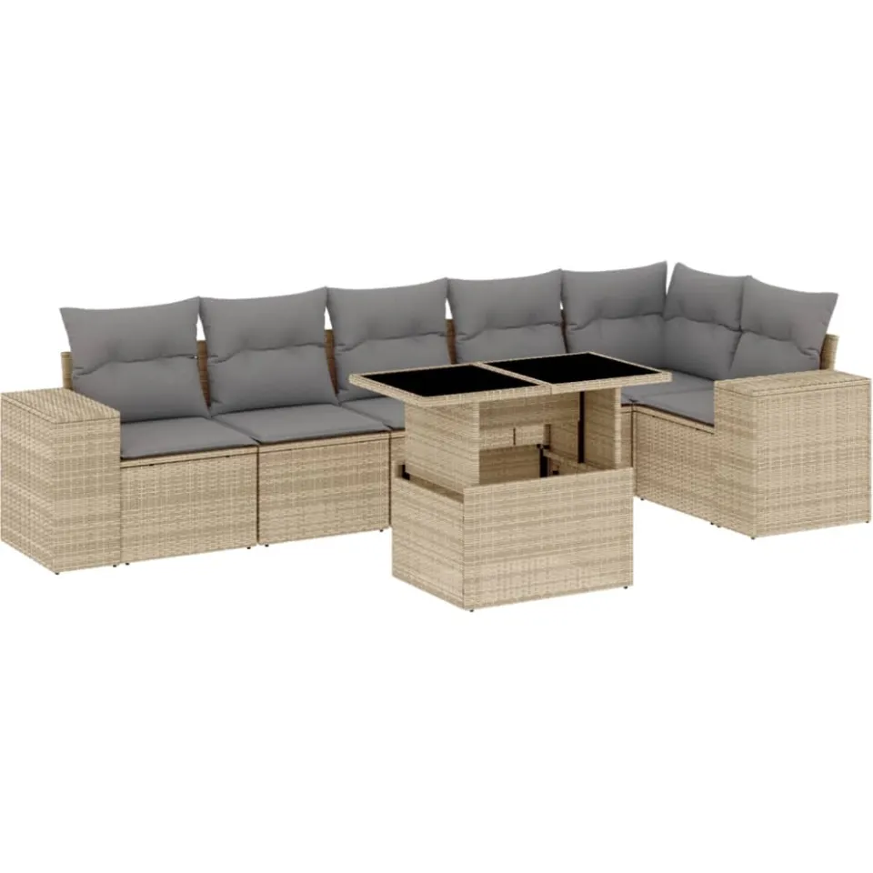 vidaXL 7-delige Loungeset met kussens poly rattan beige, foto 3