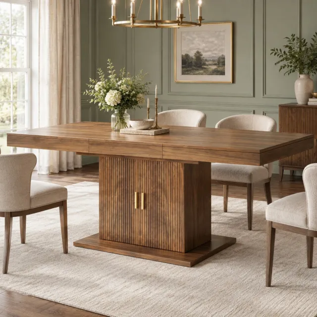 Wishdor Uitschuifbare eettafel - Met opbergruimte in de kastvoet - Geribbelde dubbele deuren en uitneembare legplank - Voor eetkamer en open keuken - MDF en metaal - Bruin - 140/180 x 90 x 75,2 cm
