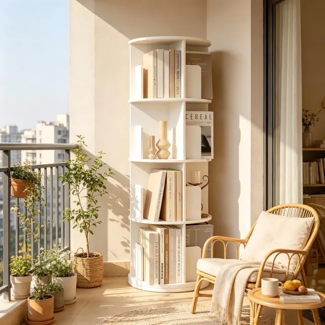 Welltin Draaibare boekenkast - Boekenkast - 4 lagen - Ronde displaystandaard - 44x44x126 cm - Geschikt voor studeerkamer, slaapkamer, hoekmeubel - Wit