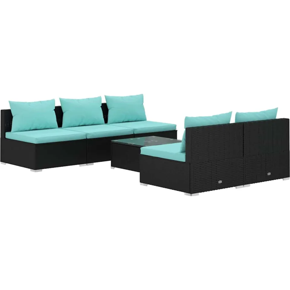 vidaXL 6-delige Loungeset met kussens poly rattan zwart, foto 3