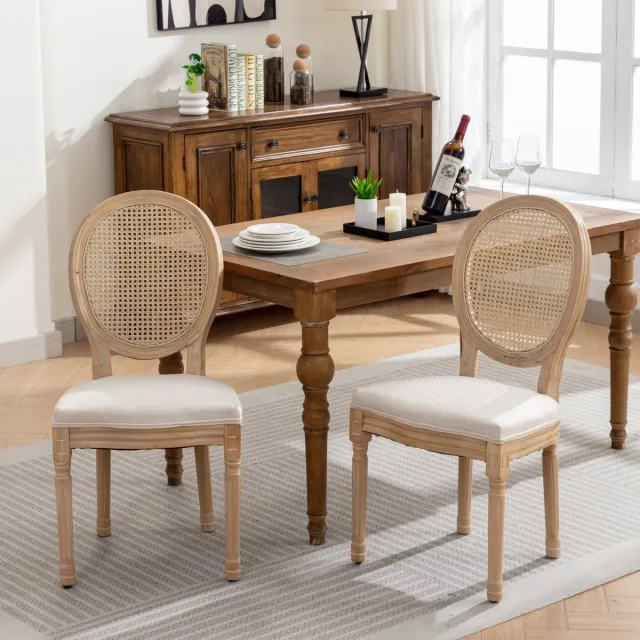 Sweiko Eetkamerstoel – Set van 2 – Houten frame – Linnen zitkussens – Rieten rugleuning – Beige