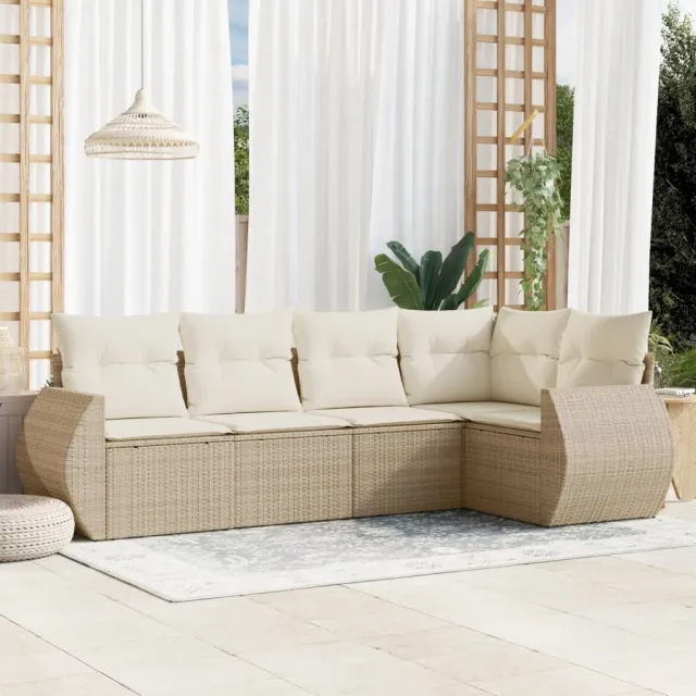 vidaXL 5-delige Loungeset met kussens poly rattan beige, foto 2
