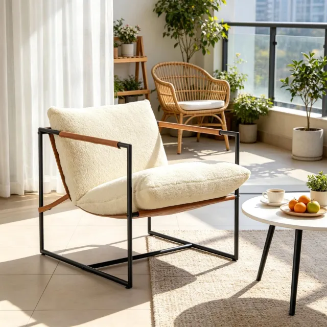 HAUSS SPOLE Fauteuil - Loungestoel met Ruime Zitting en Armleuningen - Voor Woonkamer en Leeshoek - Boucléstof en Koolstofstaal - Crème en Zwart