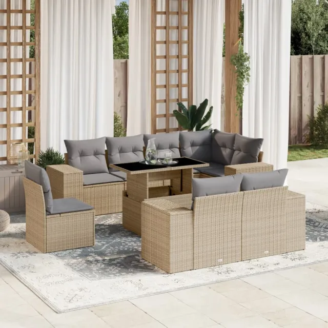 vidaXL 9-delige Loungeset met kussens poly rattan beige, foto 2