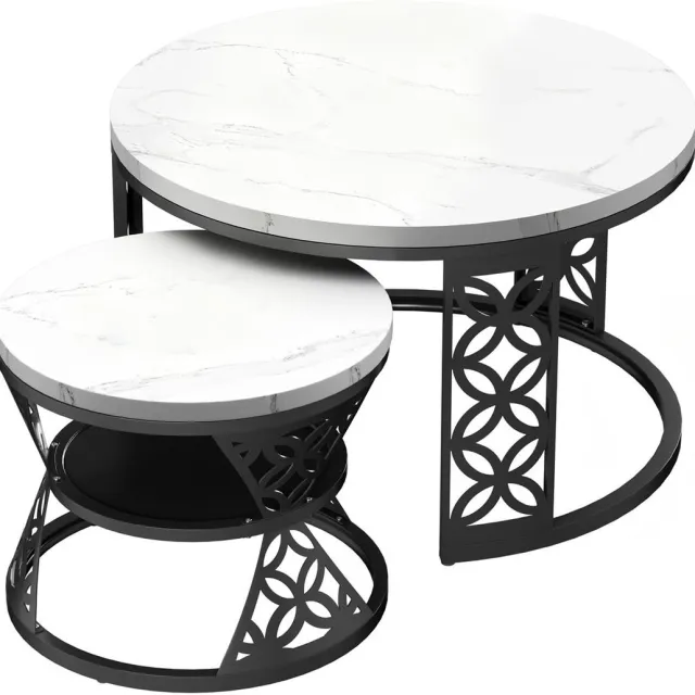 MODFU Salontafel set van 2 – Ronde nestbare bijzettafels met lades (opbergruimte) – Marmerlook en rotan – Voor woonkamer of kantoor – Modern – Wit / Goud