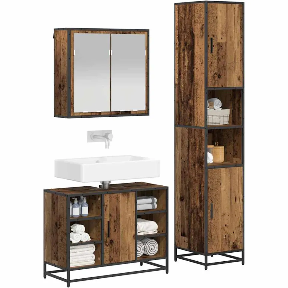 vidaXL Badkamermeubelset 3 st Oud Hout 80 x 33 x 60 cm Bewerkt hout Bruin